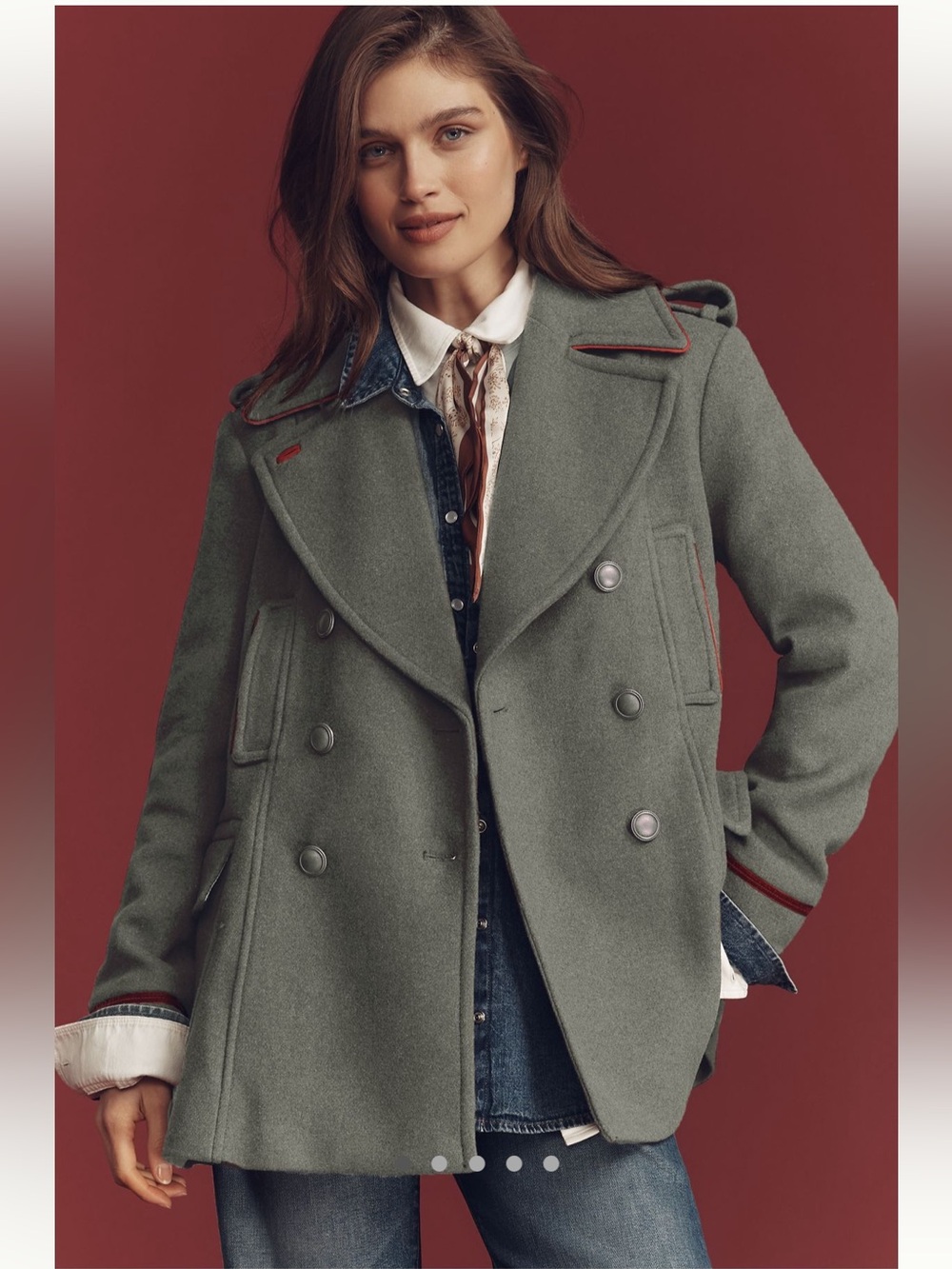 NWT Anthropologie Women's Olive Green Wool-Blend Peacoat Size Small